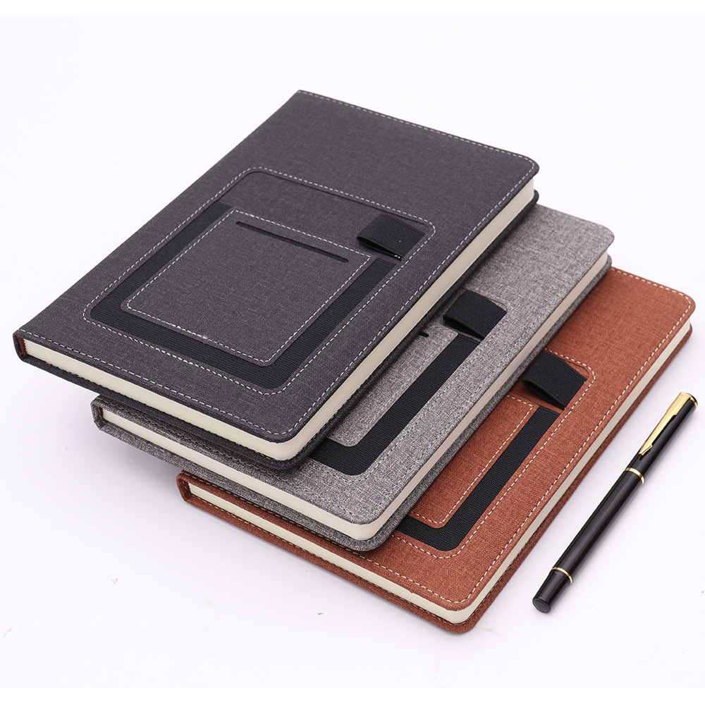 Besery A5 Customised Linen Eco-Friendly Handmade Embossed Printing Business Office Notebook Card Holder Pen Slot Phone Pocket