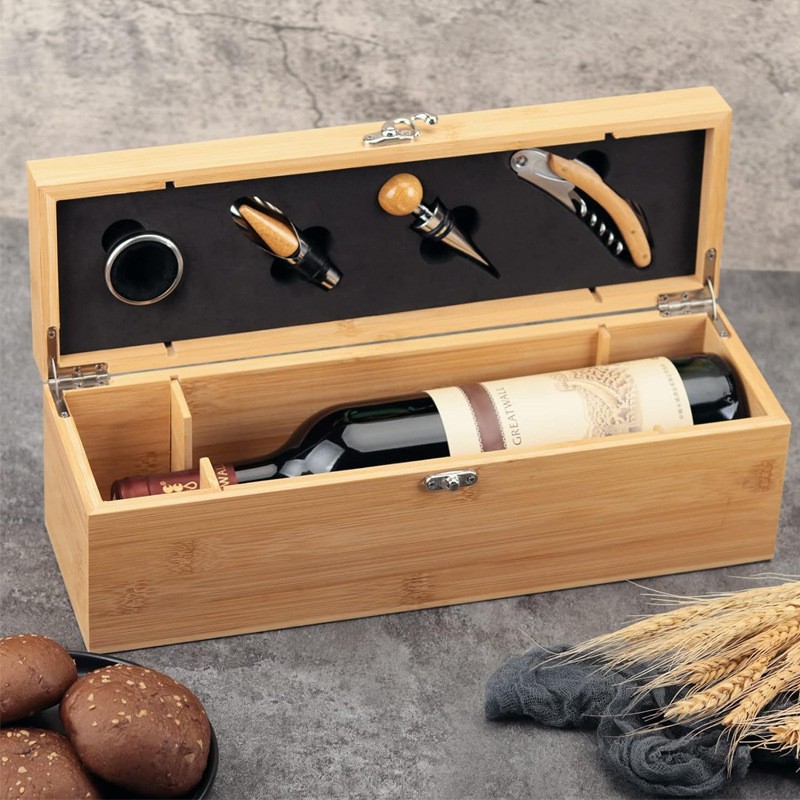 Besery Wooden Wine Box With 4 Pcs Wine Accessories Bamboo Wine Box With Tools Set Can Custom logo