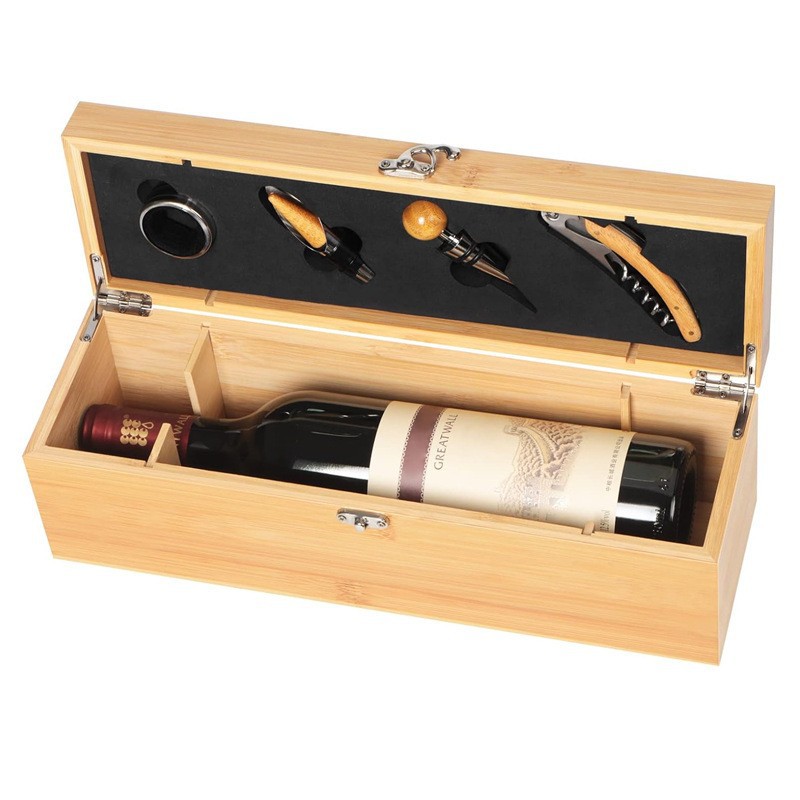 Besery Wooden Wine Box With 4 Pcs Wine Accessories Bamboo Wine Box With Tools Set Can Custom logo 2