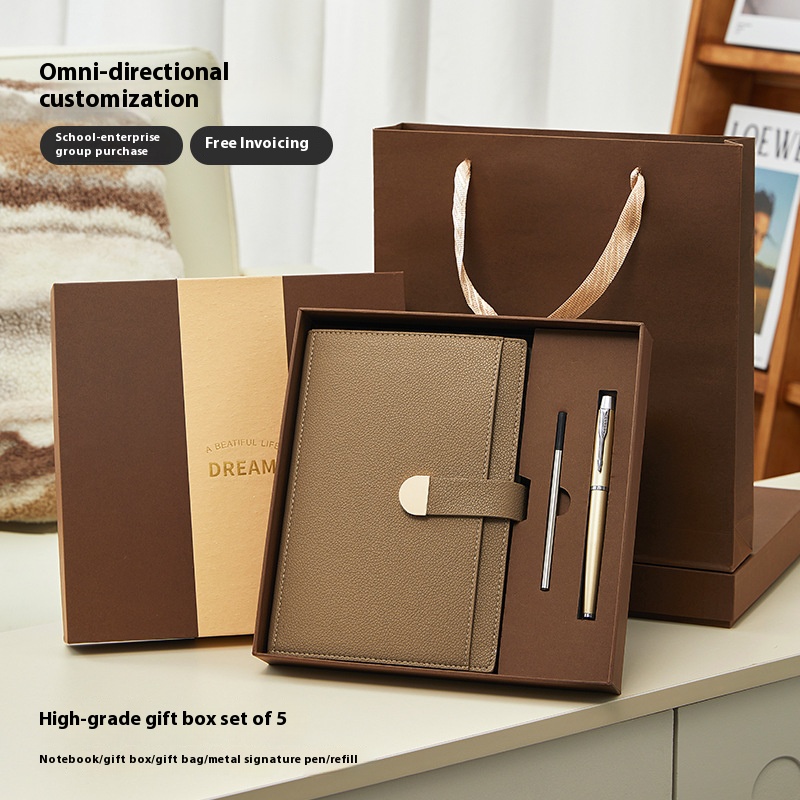 Besery  Business Souvenir Corporate Office Promotion Printed PU Luxury Handmade Leather Notebook with Pen A5 Customized Gift Set