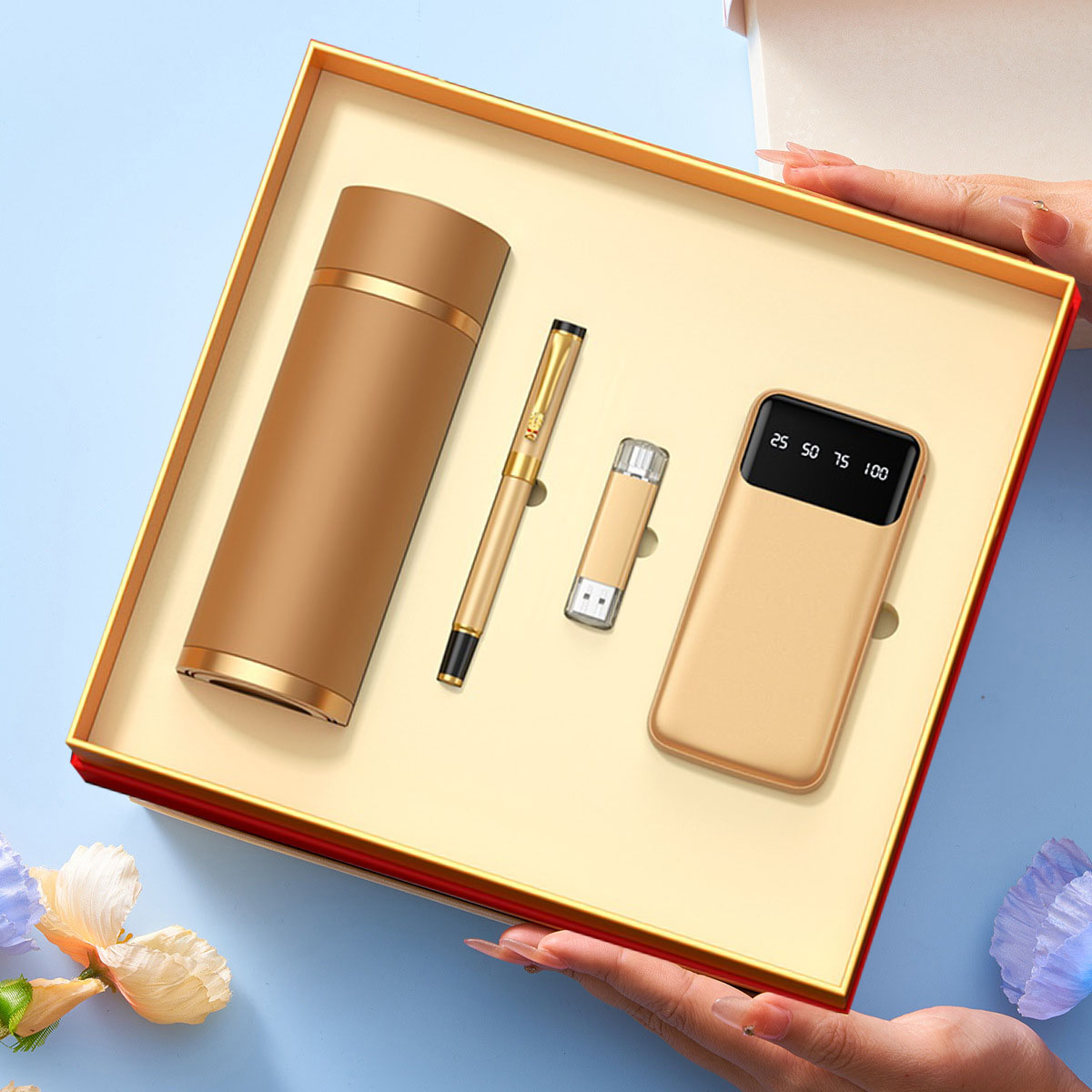 2025 Besery Wholesale Custom Promotional Luxury Business Thermos Cup Power Bank Four-piece Set USB Flash Drive Corporate Gift