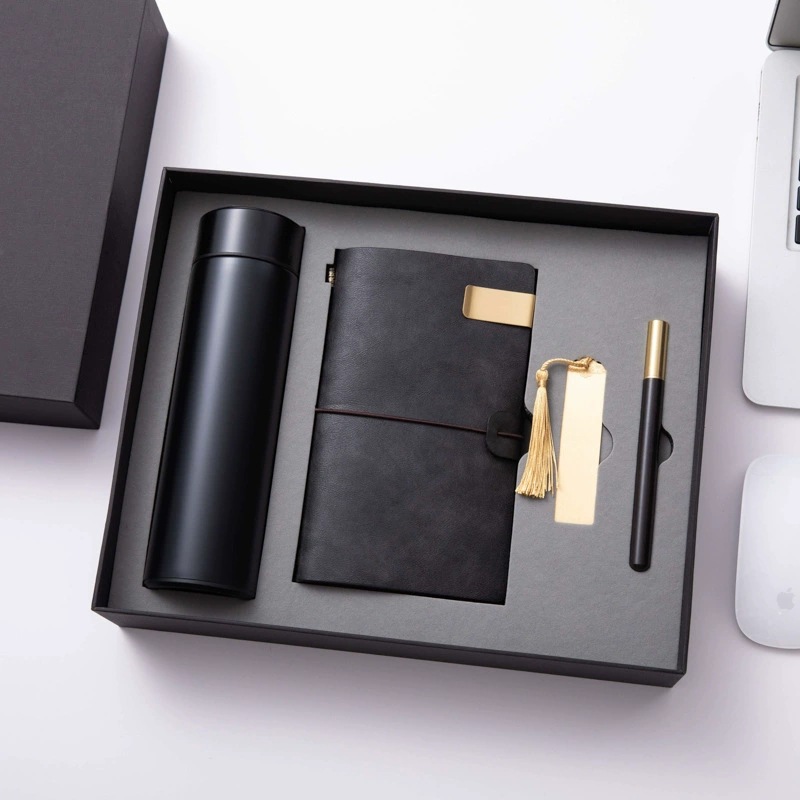 Luxury Gift Promotion PU Leather Notebook Pen Vacuum Flask Handmade Embossed Graduation Corporate Gift Set Custom Logo Gift Box