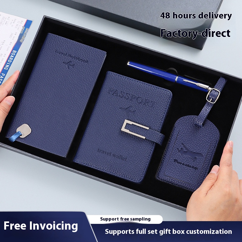 Custom Business Gift Set PU Leather Luggage Tag Passport Bag Notebook Metal Pen for Chinese New Year Corporate Events