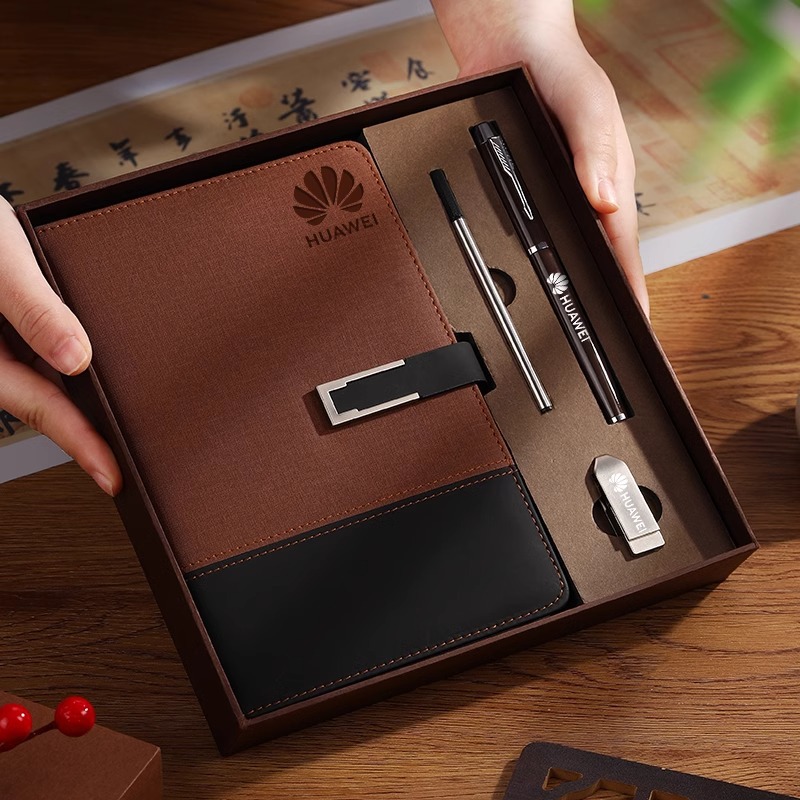 Custom Silk Screen Printed Logo High-end Waterproof PU Leather Business Notebook Pen Gift Box Set Corporate Promotion