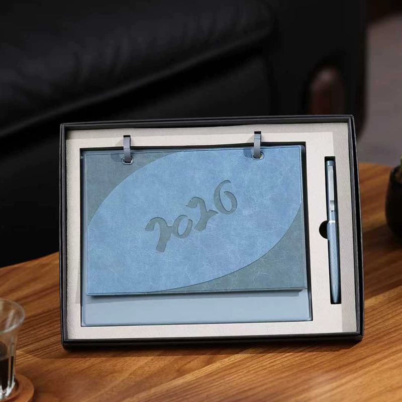 2026 Custom Silk Screen Printed PU Leather Desktop Calendar Desk Advent Table Calendar with Pen Business Corporate Gift Box Set