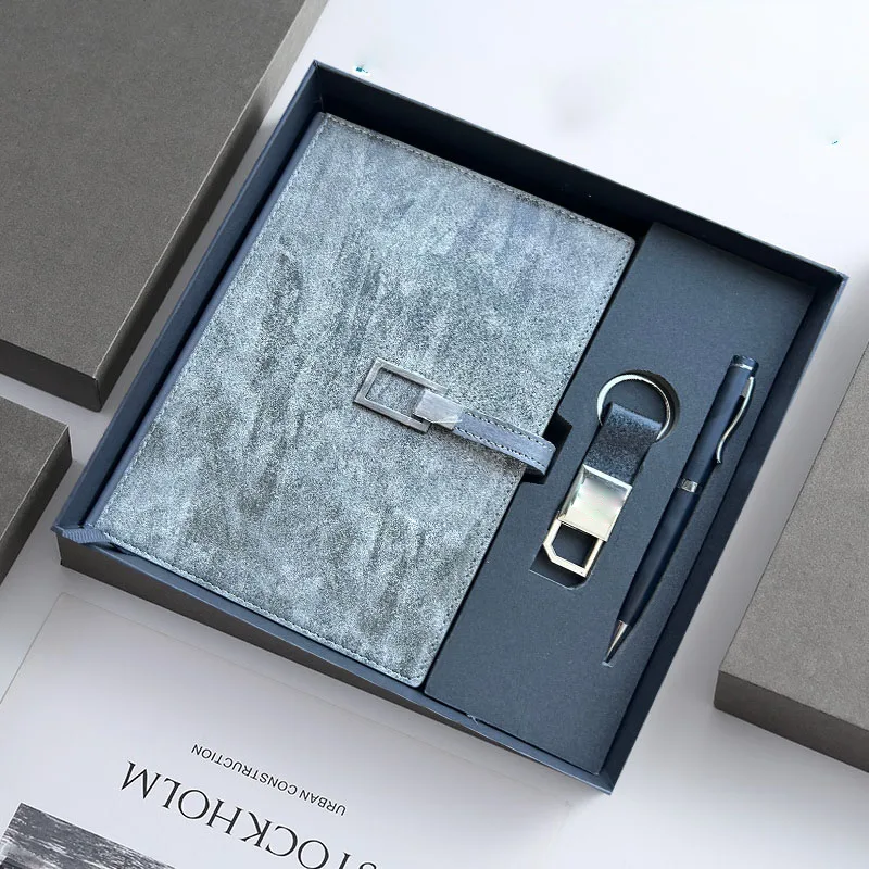Custom A5 Luxury Refillable Stationery Notebook Keychain Gift Set Business Corporate Leather Gift Box Journal Pen Embossed