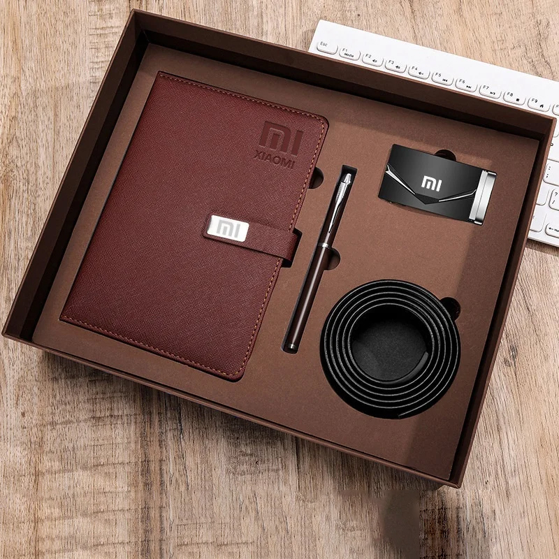 Custom Logo Embossed Promotional Luxury Leather Fashionable Notebook Planner Business Stationary Gift Diary A5 Pen Belt Gift Set