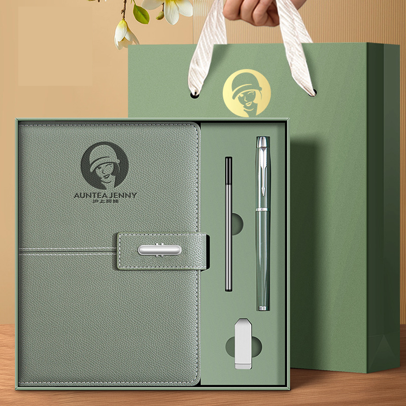 Custom Design Logo High-end Event Commemorative Business A5 Leather Notebooks Silk Screen Printed Pen USB Flash Gift Set