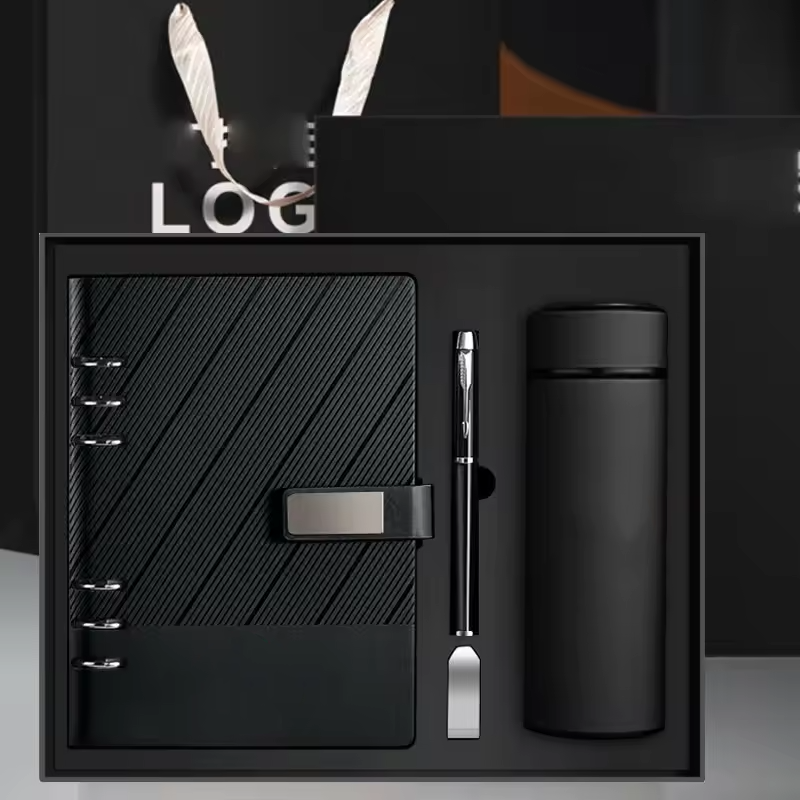 Wholesale Business Luxury A5 Diary Bottle Set Customizable PU Leather A5  Corporate Notebook Gift Set With Pen Thermal Mug USB