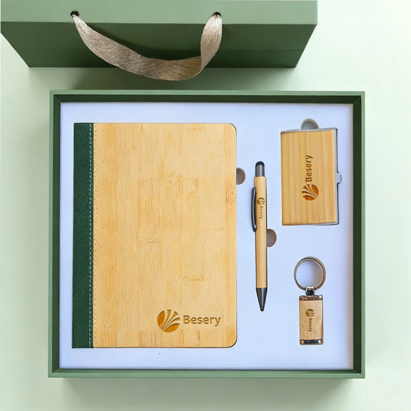2026 Wooden Notebook ETC Gifts Customizable Logo Business A5 Bamboo Notebook with Pen Keychain Card Holder Corporate Gift Set