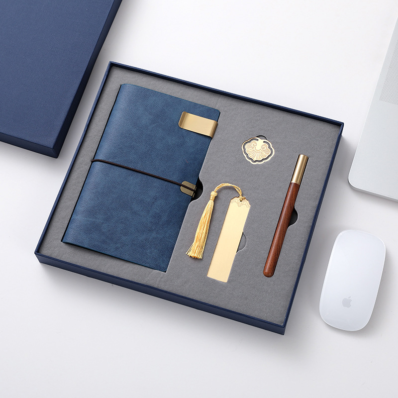 Business Nostalgic Retro Embossed PU Leather Notebook Brass Bookmark Buckle Corporate Set Study Four Treasures School Gift