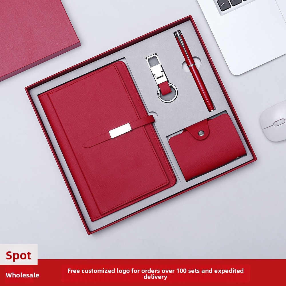 Business Corporate Gift PU Leather Dowling Notebook with Pen Set Card Notepad Keychain Four-piece School Bank Embossed Logo