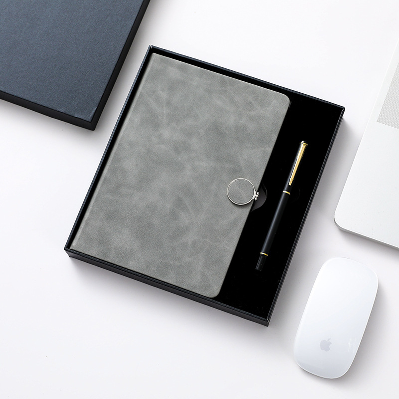 A5 Business Notebook Set with Pen Thickened Round Buckle PU Leather Embossed Printed Logo Simple Creative Business Gift Set