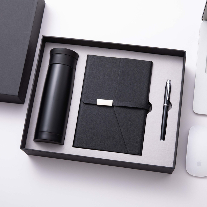 Business Corporate Gift Set Insulated PU Leather Thermos Cup Embossed Printing A5 Notebook Pen-Portable Customizable for Annual