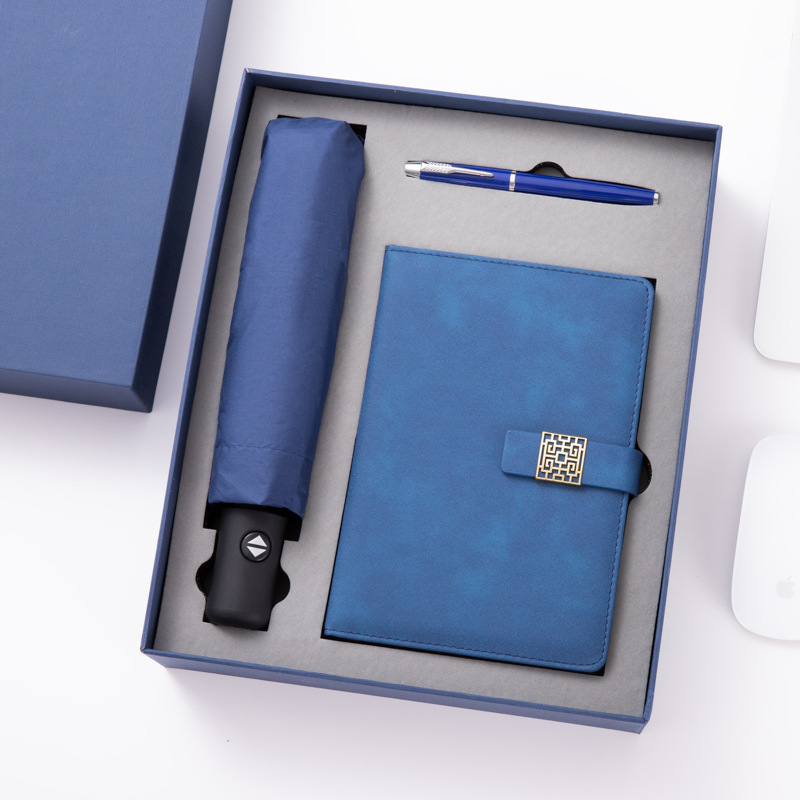 Factory Leather Three-Fold Silk Screen Printed Notebook Automatic Sunscreen Umbrella Business Pen Dual-use U Disk Gift Set