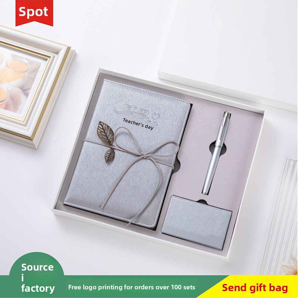 2027 Teacher's Day Gifts-Luxury PU Leather Notebook Gift Box Set Embossed Leaf Logo Design Business Card Holder Corporate Gift