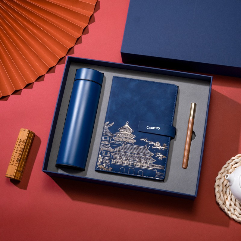 Chinese Style Character Buckle Notebook with Pen & Thermos Cup Business Gift Set with National Pattern Corporate Gift Box Set