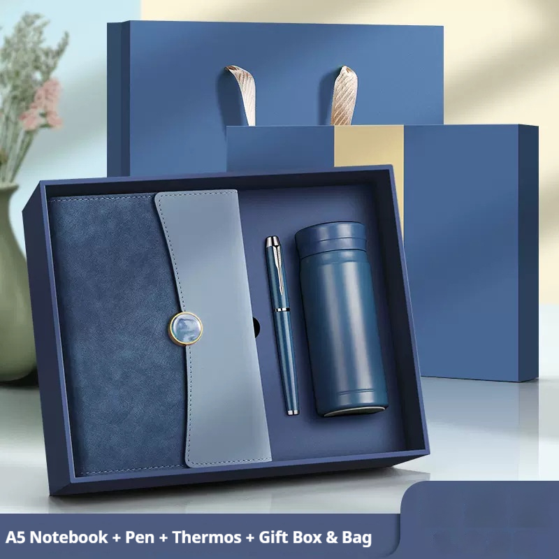 Stylish Custom Logo 3-in-1 PU Leather Notebook Pen Water Bottle Office Set for Meeting Event Giveaways Promotional Gift Set