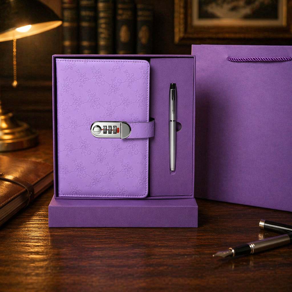 New Model A5 Notebook with Password Lock, Business Office Memo Pad, Journal Set, Gift Box, Customized logo