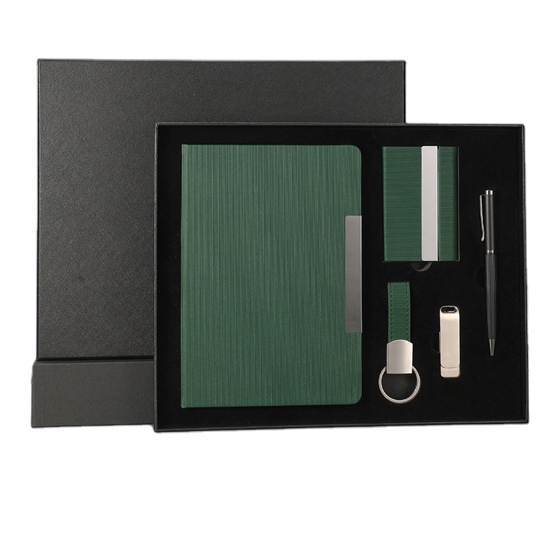 Custom Logo Embossed Paper 5-Piece Notebook Pen Flask USB Drive Keychain Name Card Gift Set-Luxury Promotional Gift Box sets