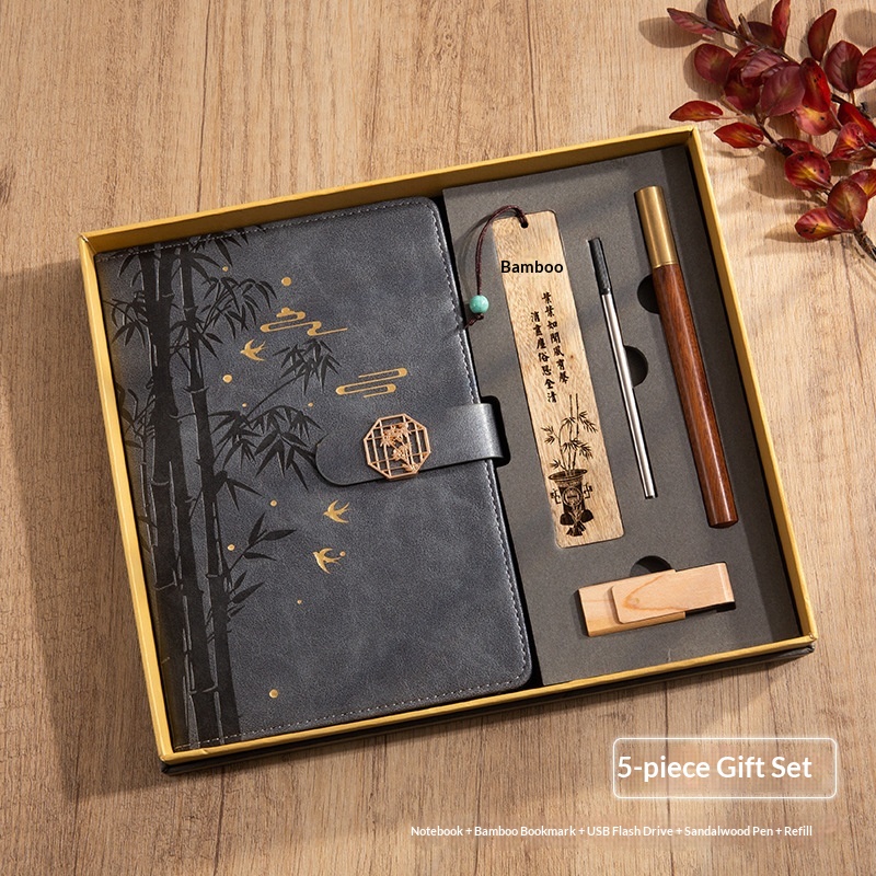 luxury Personalized Premium Notebook Pen Bookmarks pen refills and bamboo USB drive Set for Client Promotional Gift Business Set