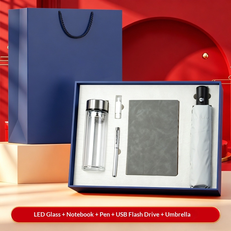Modern Custom Logo 5pcs Luxury Notebook Pen Water FlaskFlash Drive Umbrella Set for Wedding Guest SouvenirsBusiness Gift Set