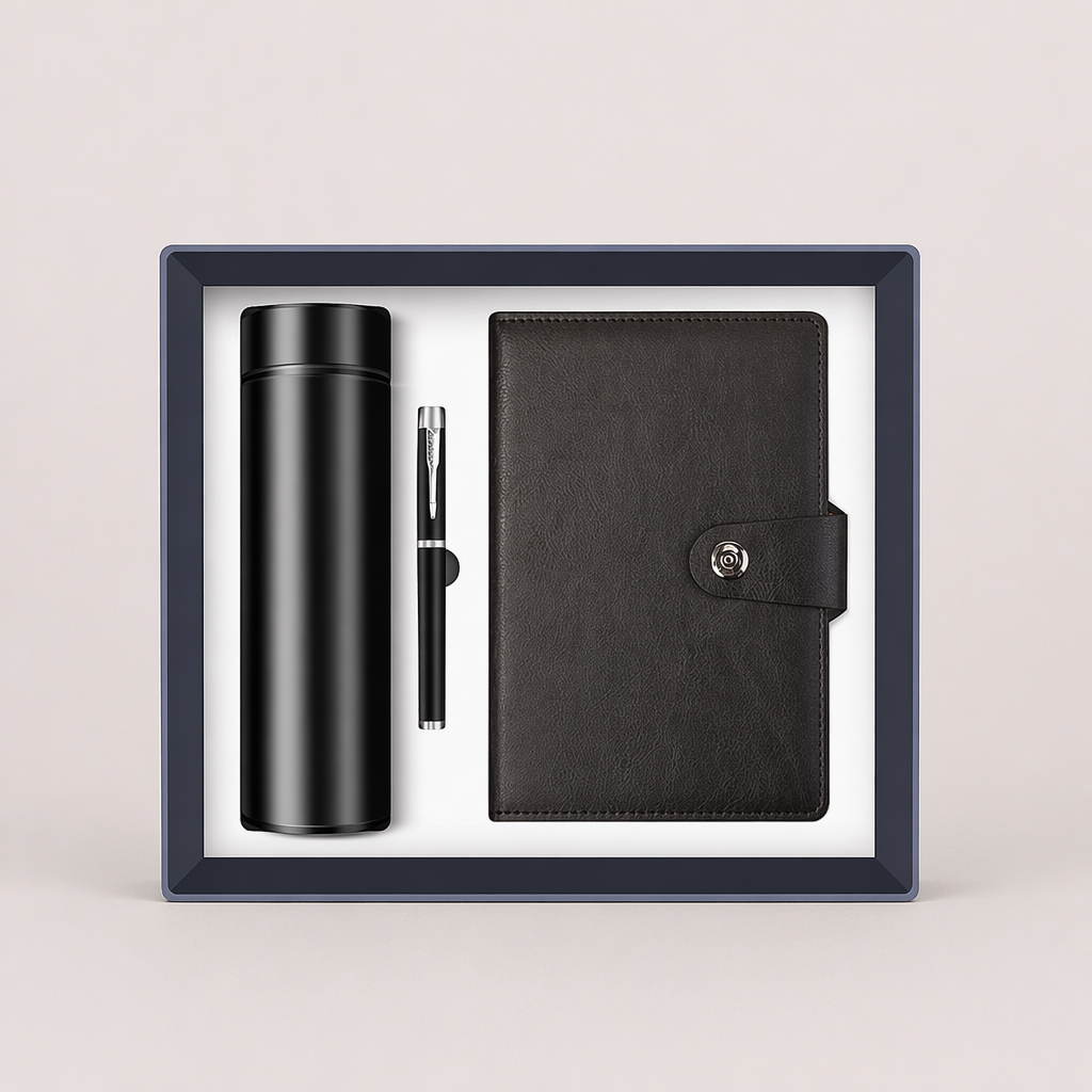 Custom Business Logo Notebook Gift Set Personalized Corporate Journal, Pen & Thermos in Premium Gift Box for Company Gifts