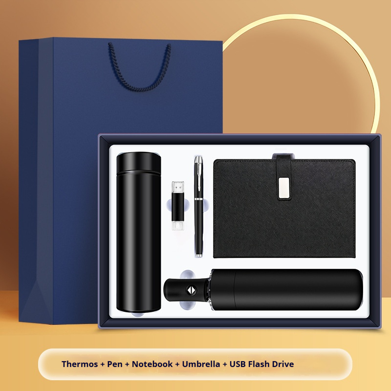 Chic Personalized 5pcs Luxury Notebook Pen Water FlaskFlash Drive Umbrella Set for Company Annual Party Gift Corporate Gift Set