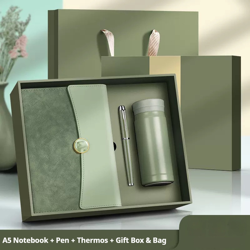Classic Custom Logo 3pcs Notebook with Pen Vacuum Flask Gift Set for Meeting Event Giveaways LuxuryGift Box Set