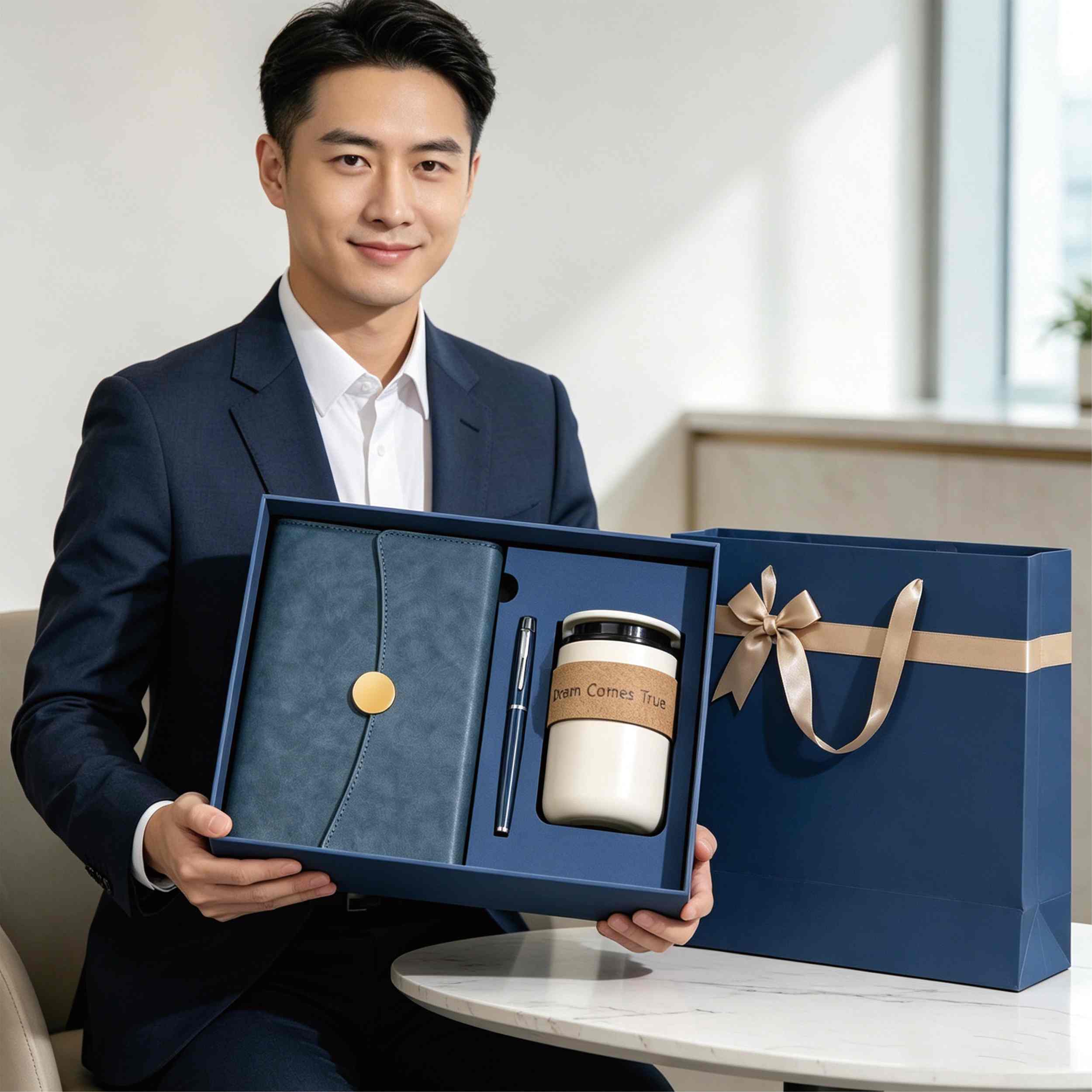 Premium Business Gift Set A5 PU Leather Notebook Gold Trim Metal Pen Notebook With Bottle for Partner Appreciation OEM Logo