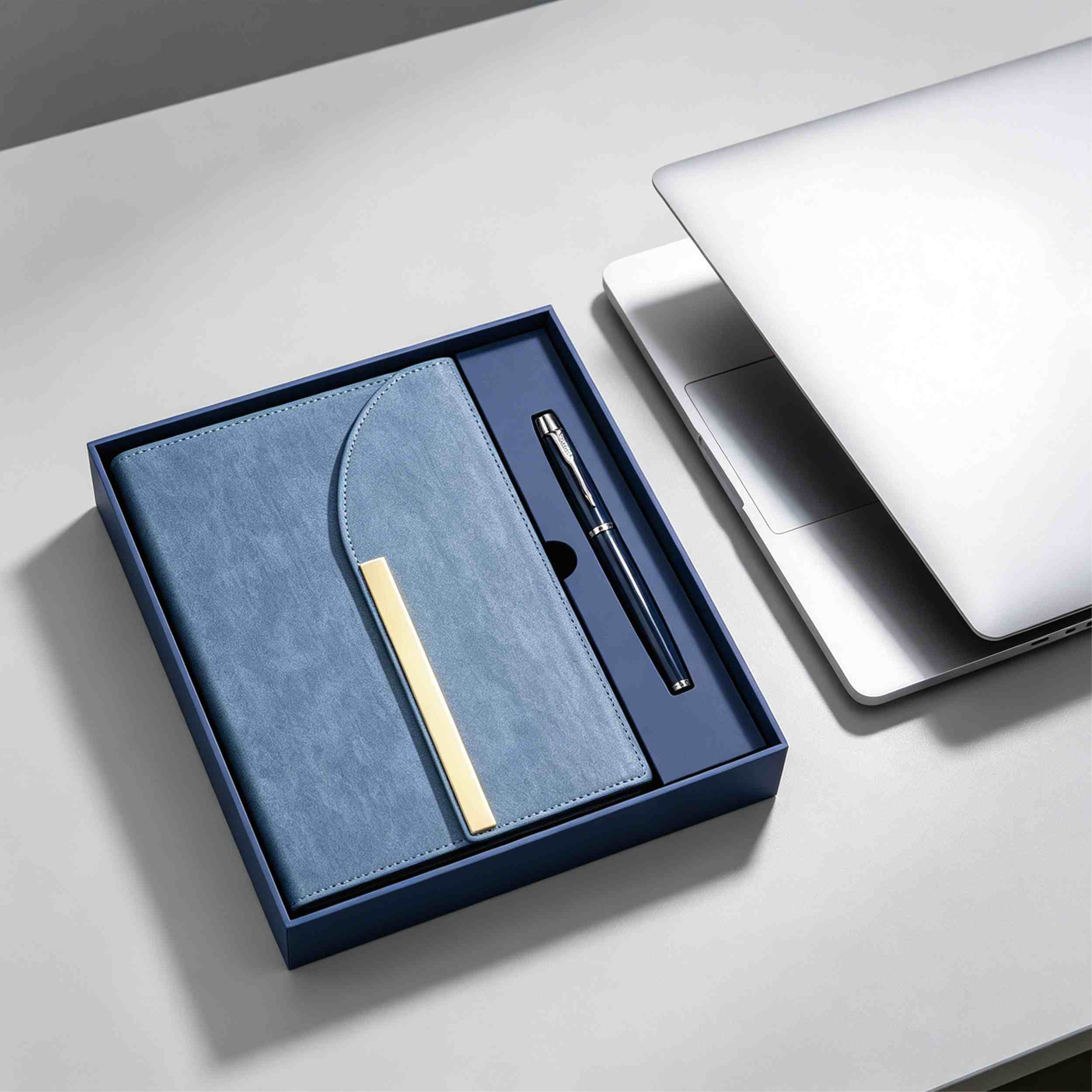 A5 Leather Planner Gold Trim Metal Pen Notebook With Pen Business Gift Set Custom Employee Branded Conference Gift Box Set