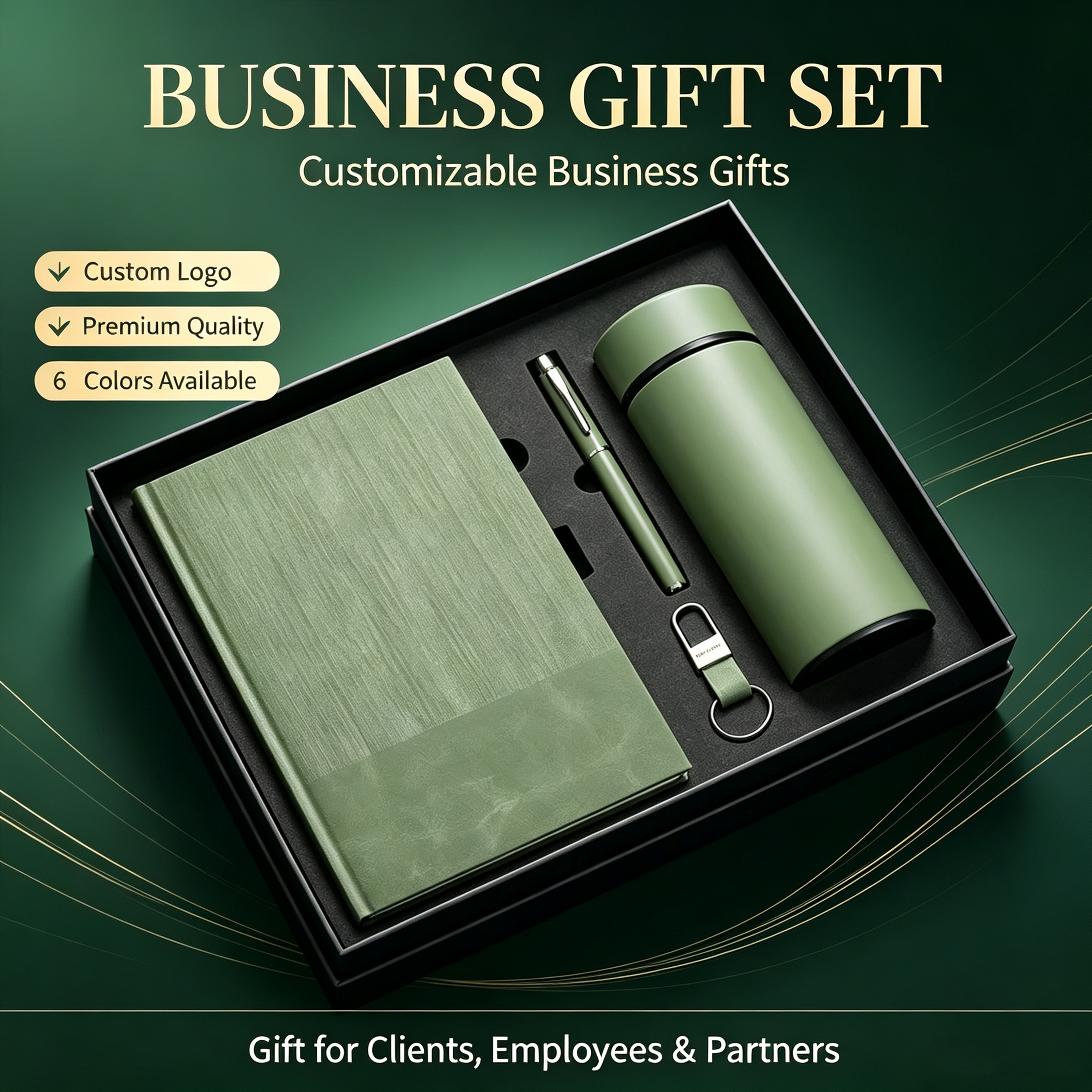 Business Gift Set Executive Stationery Set A5 PU Leather Notebook with Pen Keychain Bottle for VIP Client Custom Logo Bulk Ready