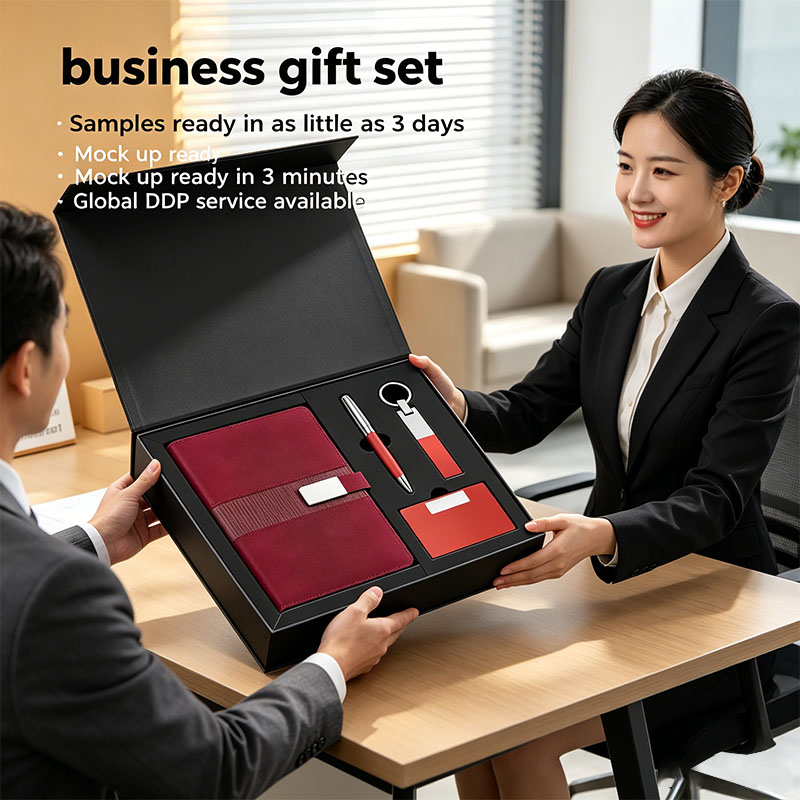 High End PU Leather Business Corporate Notebook Card Case Keychain with Pen Employee Eco Friendly Gift Box Set