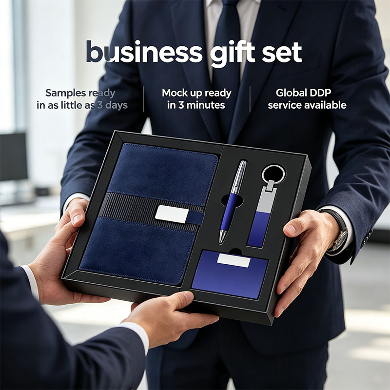 A5 PU Leather Business Corporate Notebook with Pen Card Case Card Holder Keychain Custom Logo Embossed New Year Gift Box Set
