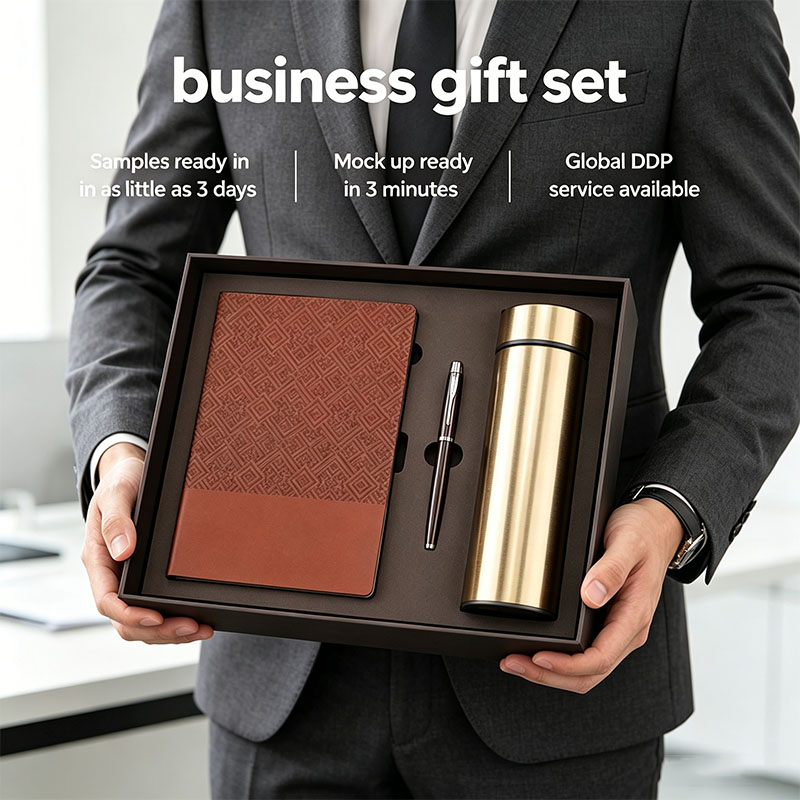 Eco Friendly Pu Leather Business Corporate Notebook with Pen Keychain Water Cup Thermos Tumbler Branded VIP Gift Box Set