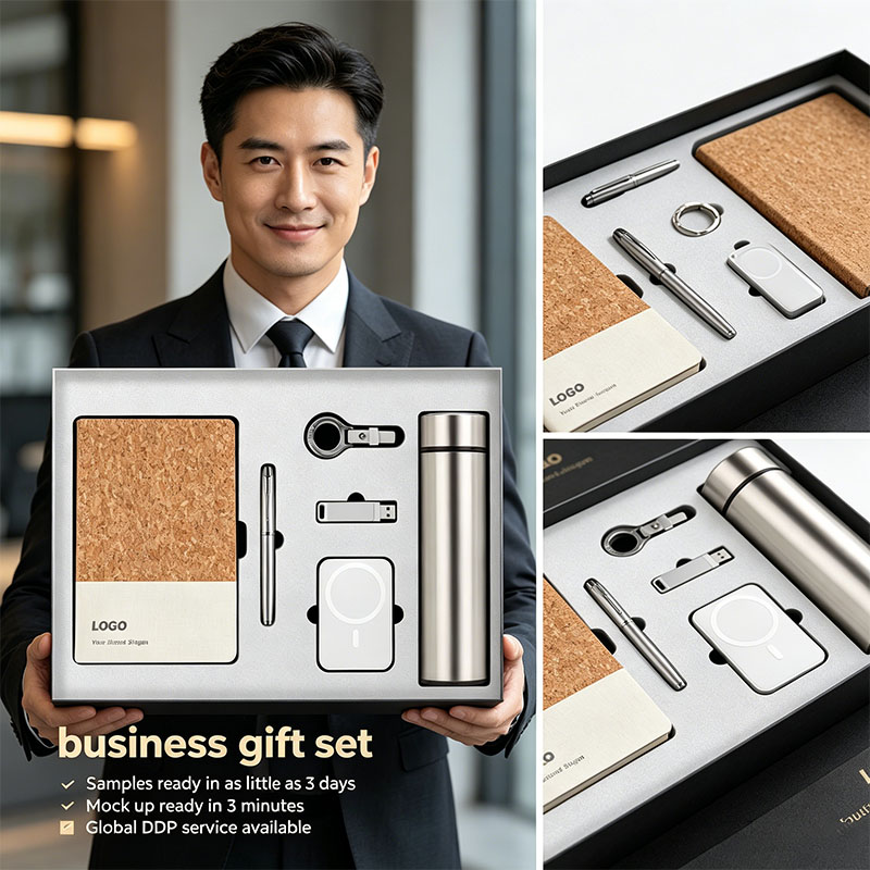 Embossed Custom Logo Business Corporate PU Leather Notebook USB Drive Pen Tumbler Power Bank Keychain Set Luxury Classic Gift
