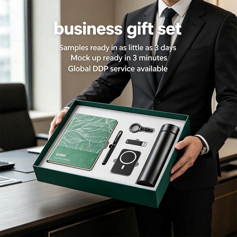 Hardcover Business Corporate Notebook with Pen Flash Drive Power Bank Keychain Set Employee New Year Minimalist Gift Box Set
