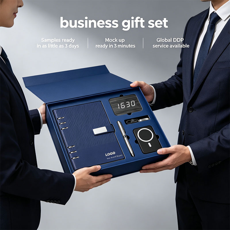 Minimalist Hardcover Business Corporate Notebook with Pen Power Bank Keychain Set Wooden Digital Clock Premium Gift Box Set