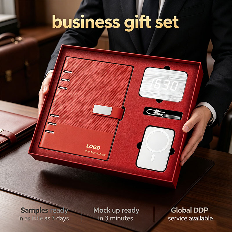 Engraved Matte logo Business Corporate A5 Notebook Power Bank with Pen Digital Clock Keychain Key Ring Premium Gift Box Set