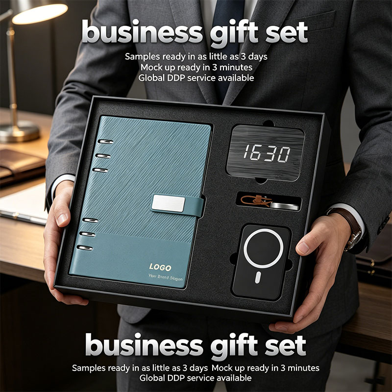 Engraved Pu Leather Business Corporate Notebook with Pen Business Keychain Power Bank Digital Clock Personalized Gift Box Set