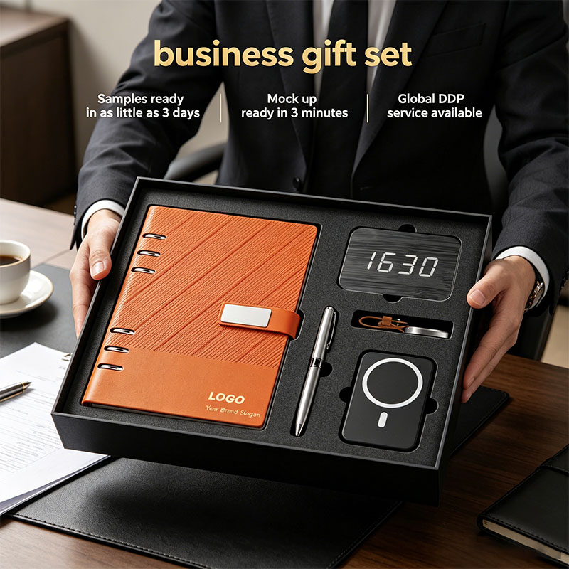 Embossed Exquisite Business Corporate A5 Notebook Pen Keychain Power Bank Digital Clock Advertising Personalized Gift Set